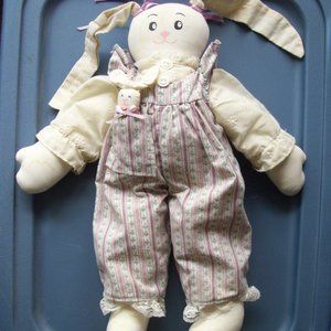 Handmade fabric Bunny Rabbit wearing pink blue cream overalls 17" tall